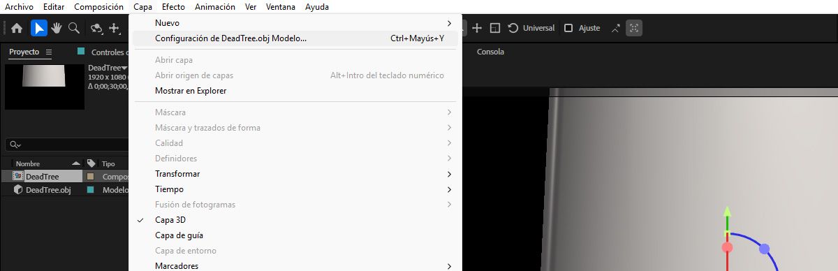 Se selecciona una capa con modelo 3D en el panel Línea de tiempo. El menú de Capa está abierto y se selecciona la opción de ajustes de Capa personalizada con el nombre de la Capa.