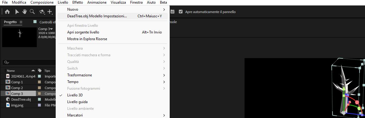 Un livello con modello 3D è selezionato nel pannello Timeline.Il menu Livello è aperto e l’opzione delle impostazioni del livello, personalizzata con il nome del livello, è selezionata.