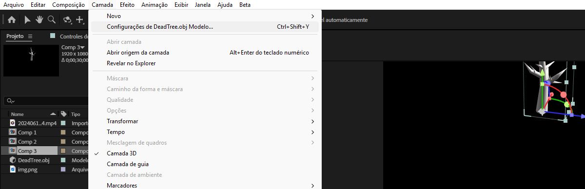 Uma camada com modelo 3D é selecionada no painel Linha do tempo.O menu da Camada está aberto e a opção de configurações da Camada, personalizada com o nome da Camada, está selecionada.