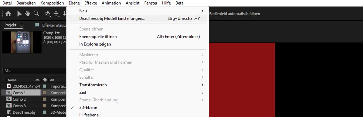 Im Bedienfeld „Zeitleiste“ ist eine Ebene mit 3D-Modell ausgewählt.Das Ebenenmenü ist geöffnet und die mit dem Ebenennamen personalisierte Option für die Ebeneneinstellungen ist ausgewählt.
