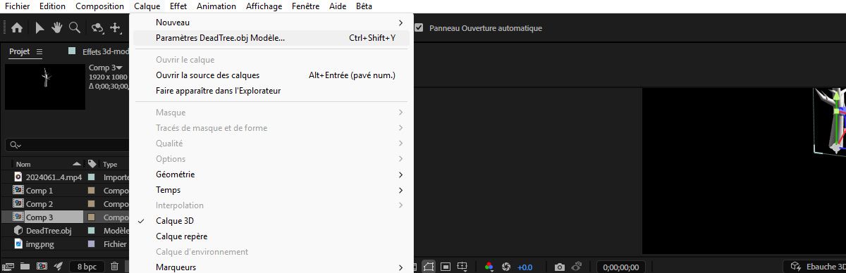 Un calque contenant un modèle 3D est sélectionné dans le panneau Chronologie.Le menu des calques est ouvert et l’option de paramètres de calque personnalisée avec le nom du calque est sélectionnée.