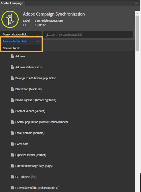 Adobe Campaign uzantı panelindeki bloklar