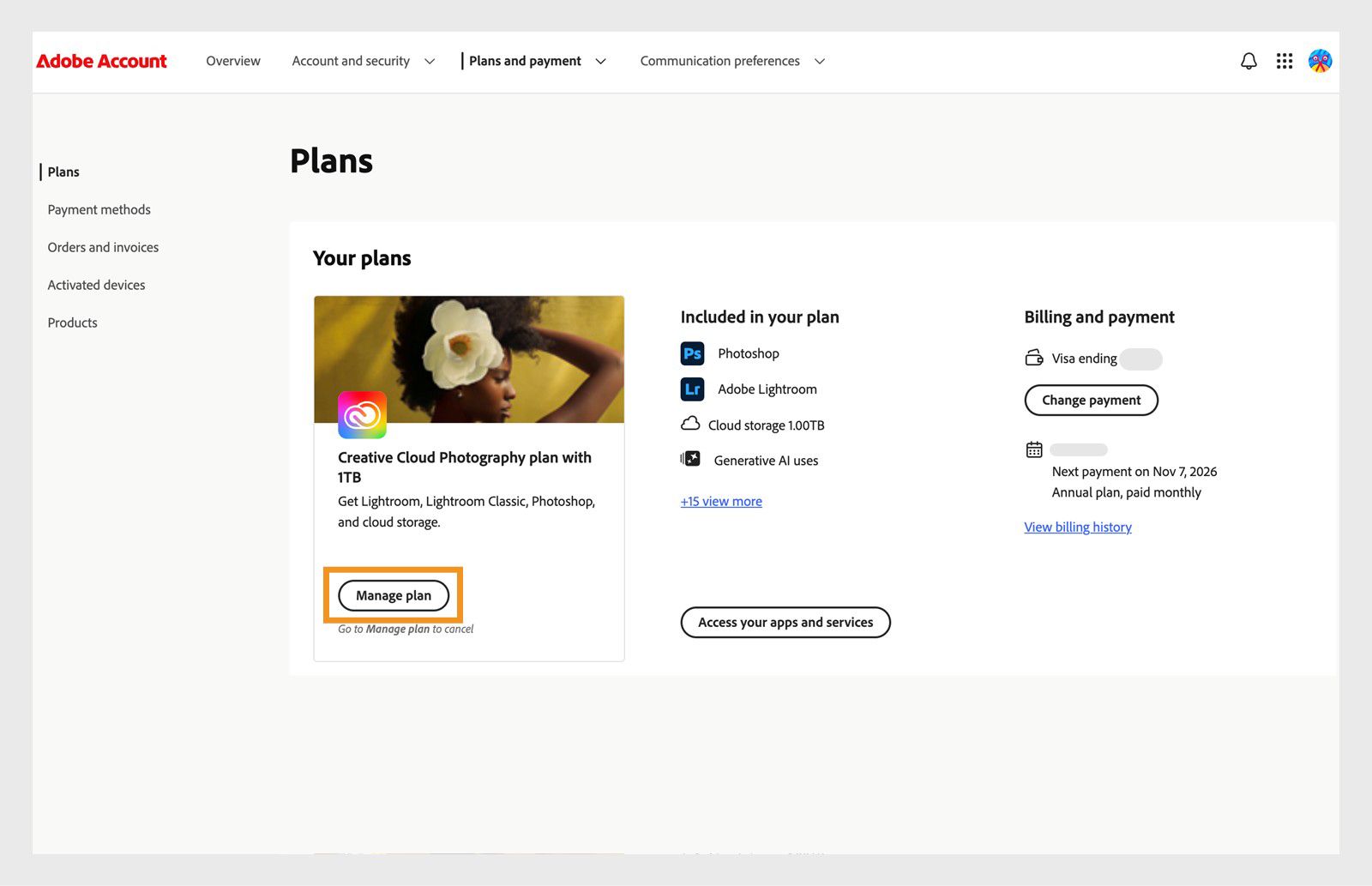 The Plans window, where the Manage plan button is highlighted under the currently active plan.
