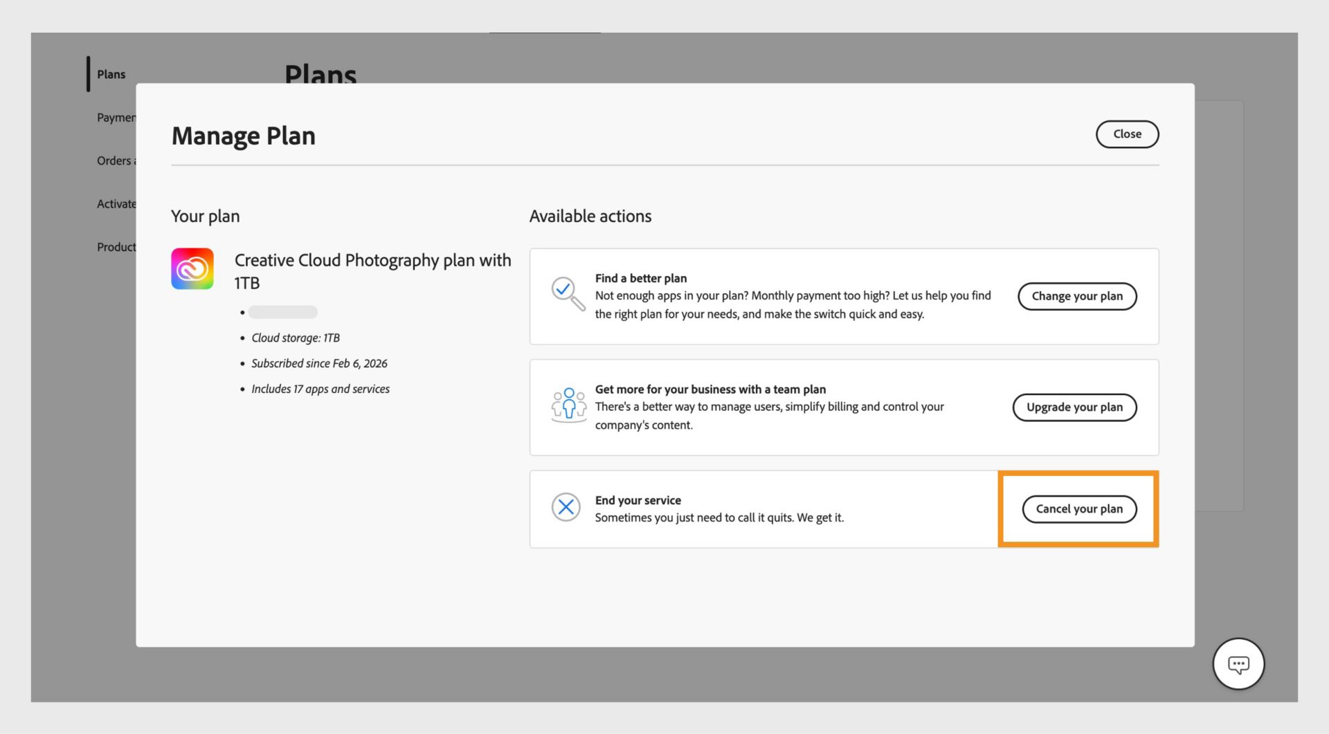 The Manage Plan window, with the Cancel your plan button highlighted in the End your service section under Available actions.