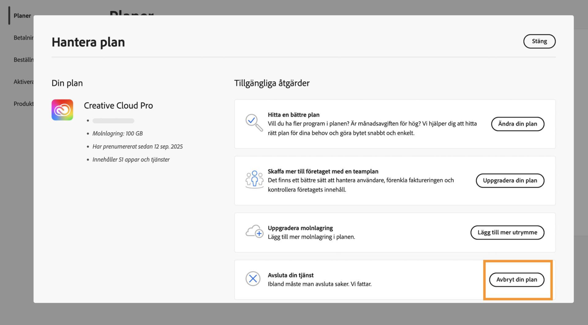Fönstret Hantera plan, där knappen Avbryt din plan är markerad i avsnittet Avsluta din tjänst under Tillgängliga åtgärder.