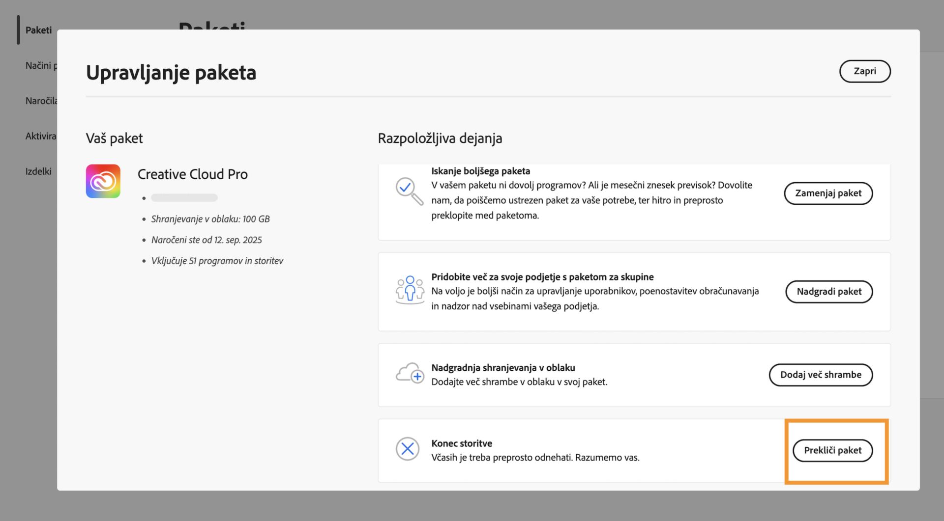Okno »Upravljaj paket« z označenim gumbom »Prekliči paket« v razdelku »Končaj storitev« pod »Razpoložljiva dejanja«.