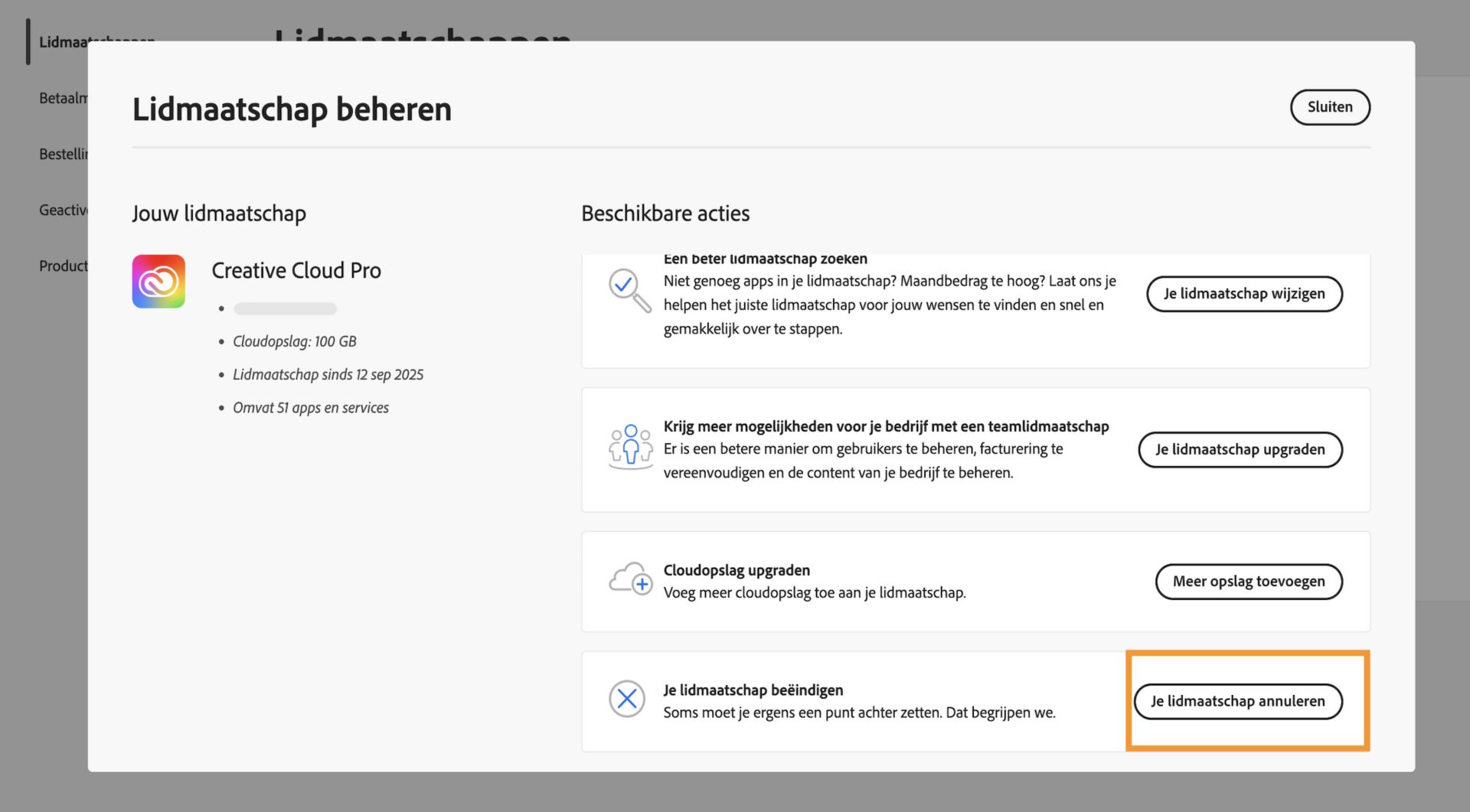 Het venster Lidmaatschap beheren, met de knop Uw lidmaatschap annuleren gemarkeerd in het gedeelte Uw service beëindigen onder Beschikbare acties.