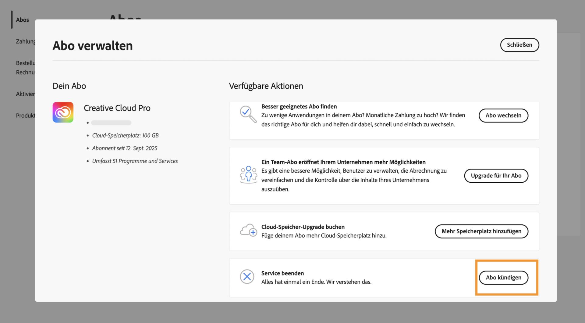 Das Fenster „Abo verwalten“ mit der im Bereich „Service beenden“ unter „Verfügbare Aktionen“ hervorgehobenen Schaltfläche „Abo kündigen“.