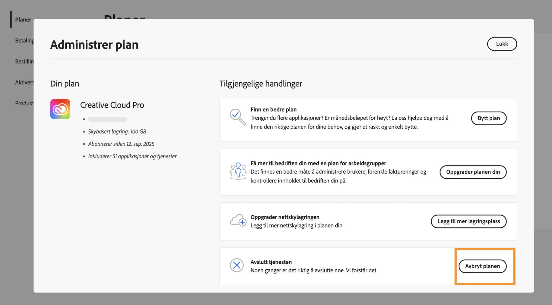 Administrer plan-vinduet, med Si opp plan-knappen uthevet i Avslutt tjenesten-delen under Tilgjengelige handlinger.