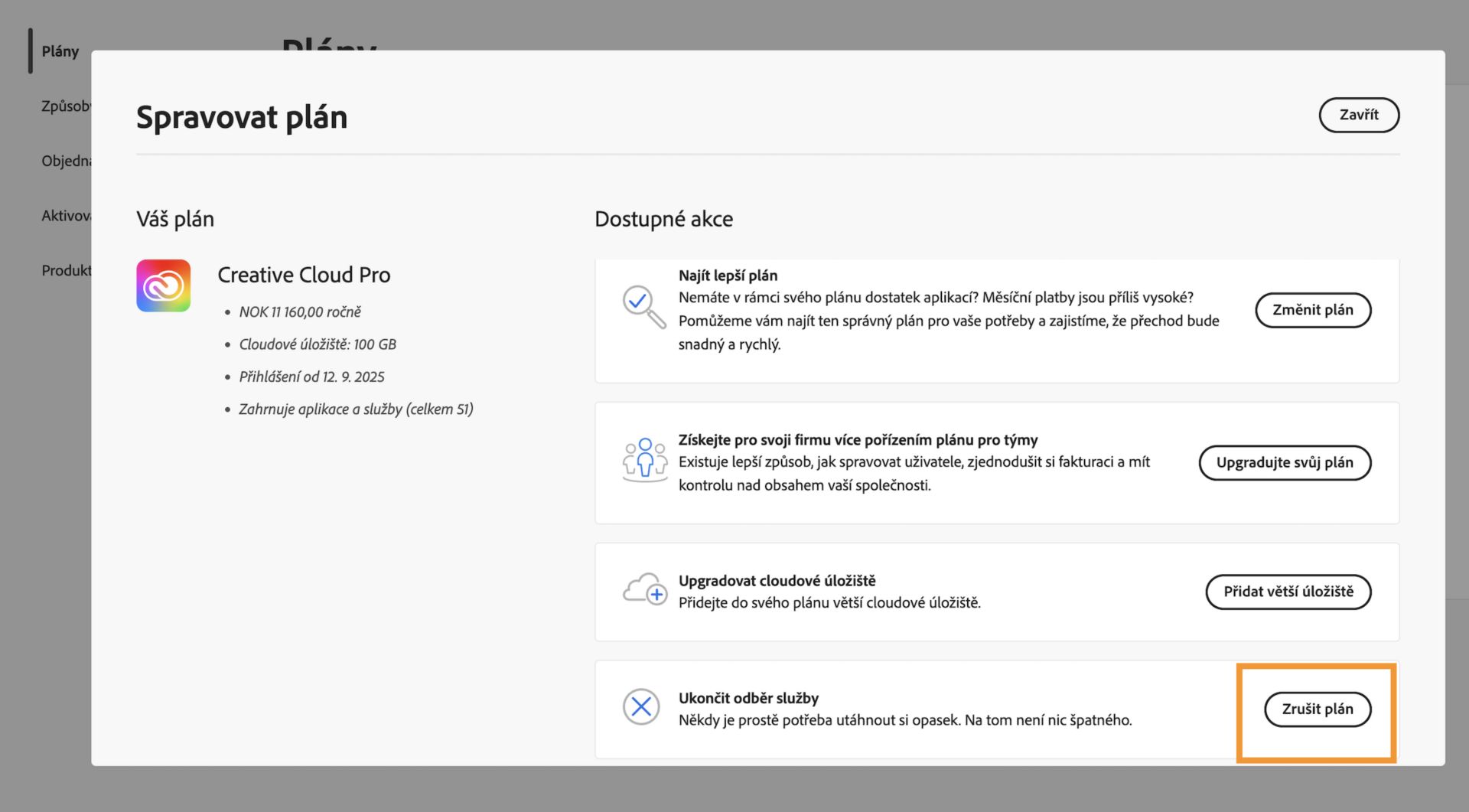Okno Spravovat plán s tlačítkem Zrušit plán zvýrazněným v části Ukončit službu v sekci Dostupné akce.