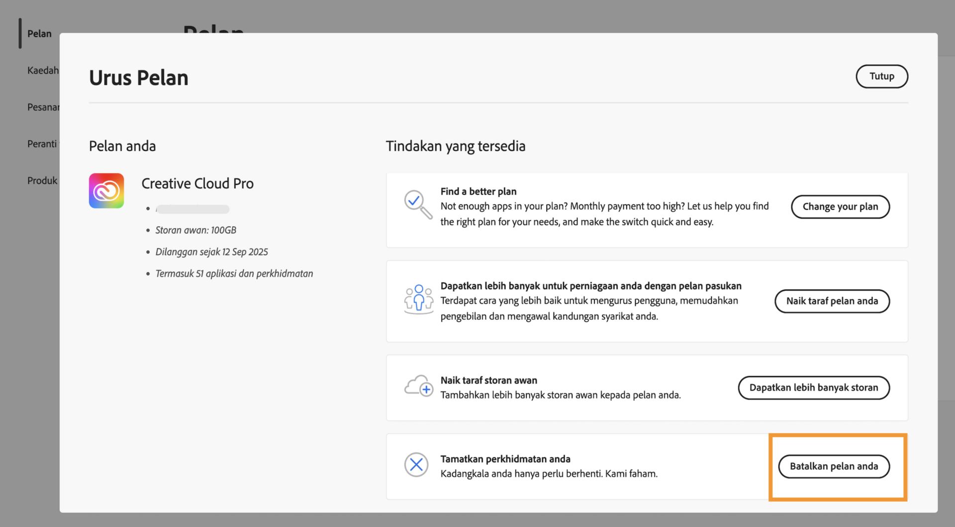 Tetingkap Urus Pelan, dengan butang Batalkan pelan anda diserlahkan dalam bahagian Tamatkan perkhidmatan anda di bawah Tindakan yang tersedia.