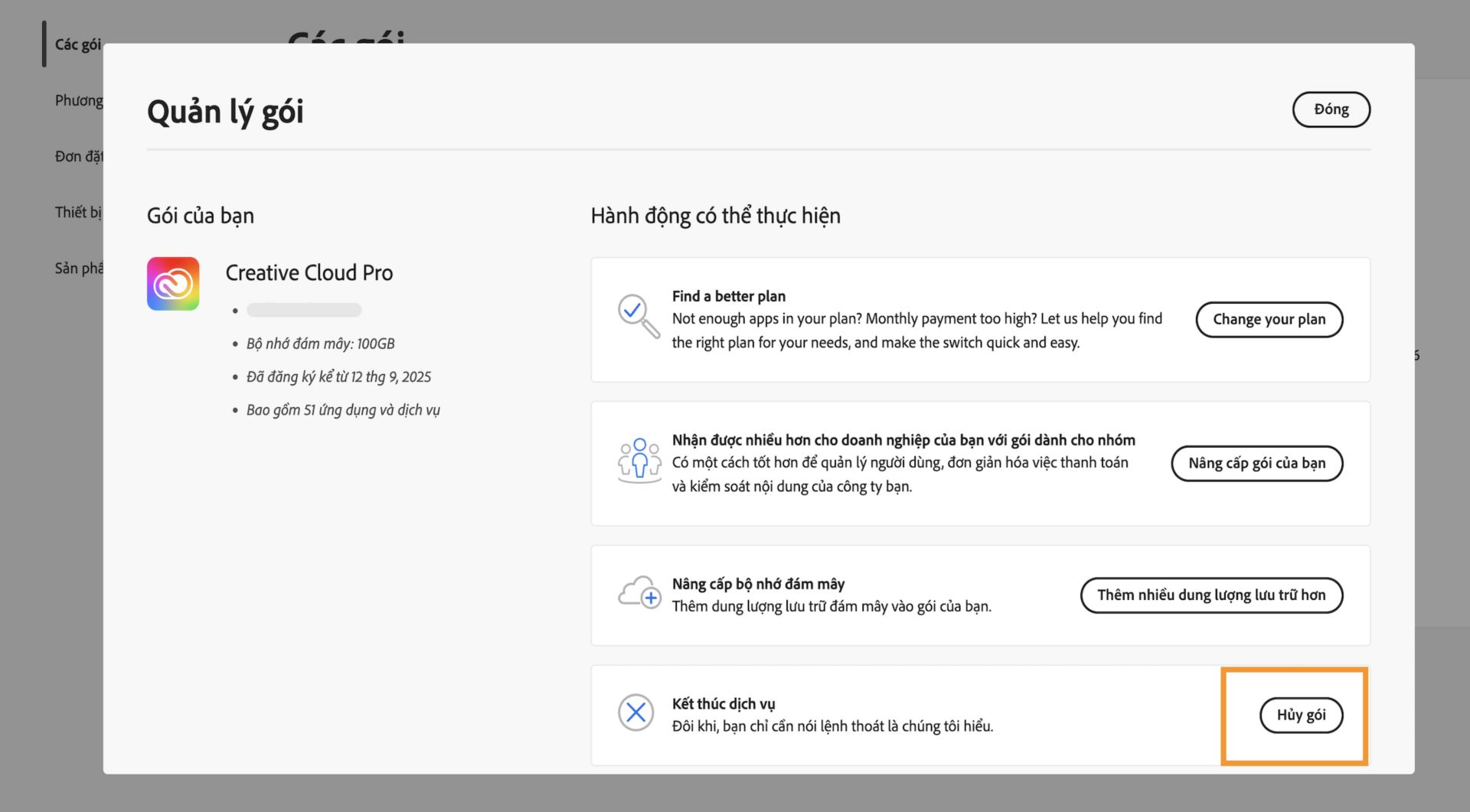 Cửa sổ Quản lý gói, với nút Hủy gói của bạn được làm nổi bật trong phần Kết thúc dịch vụ dưới Hành động có thể thực hiện.