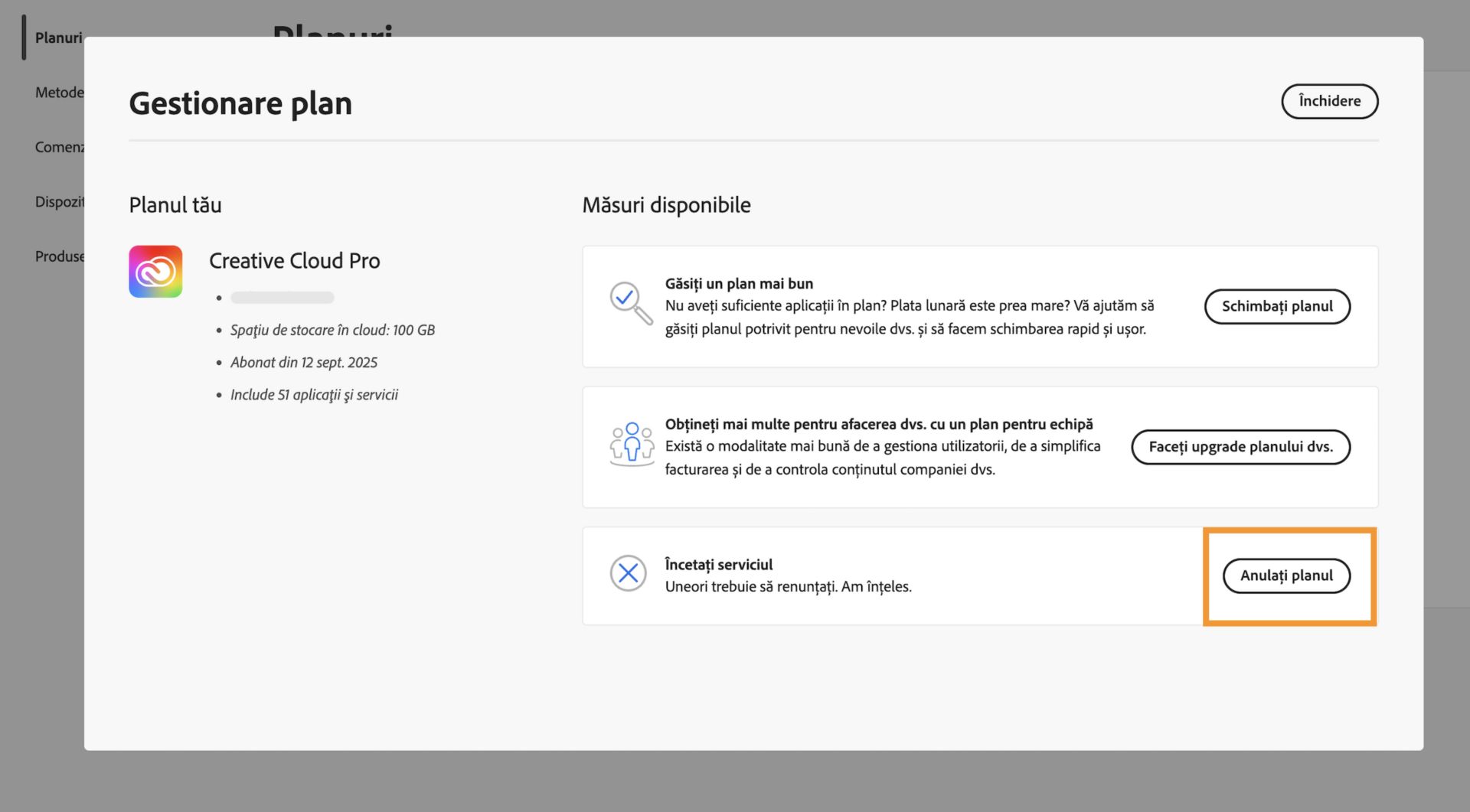 Fereastra Gestionare Plan, cu butonul Anulare Plan evidențiat în secțiunea Încheiați serviciul sub Acțiuni disponibile.