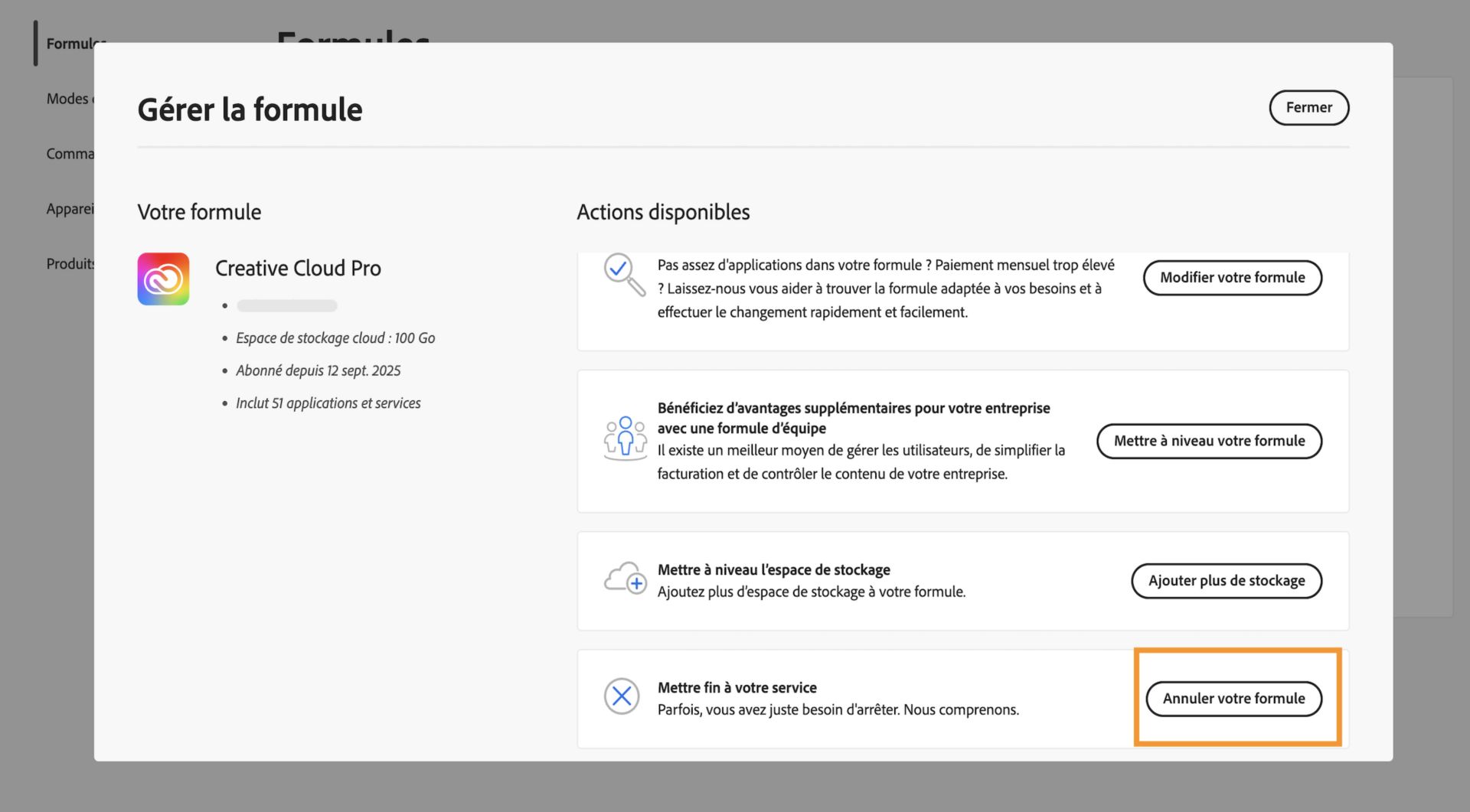 La fenêtre Gérer la formule, avec le bouton Annuler votre formule mis en surbrillance dans la section Mettre fin à votre service sous Actions disponibles.