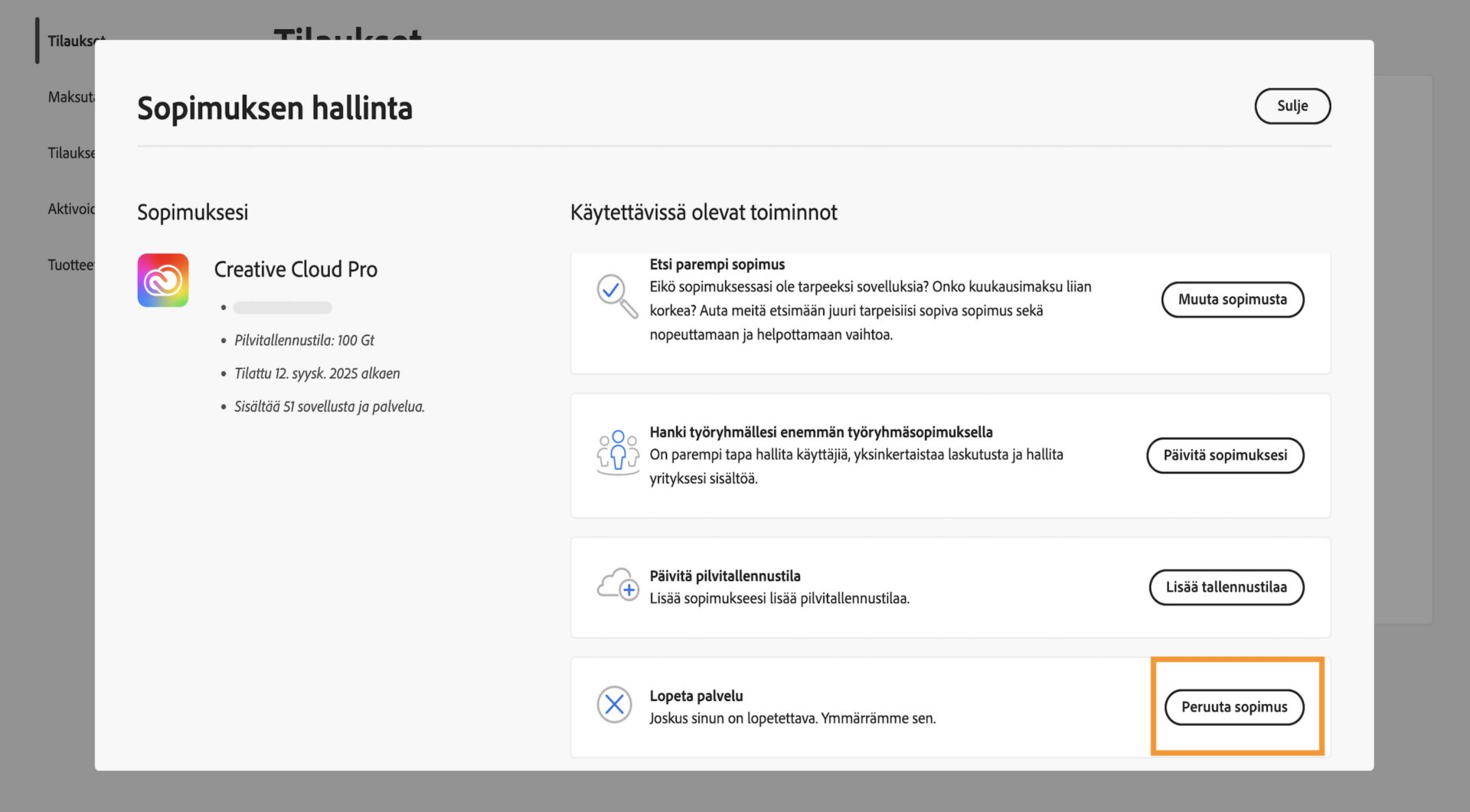 Hallinnoi sopimusta -ikkuna, jossa Peruuta sopimus -painike on korostettuna Lopeta palvelu -osiossa Käytettävissä olevat toiminnot -kohdassa.