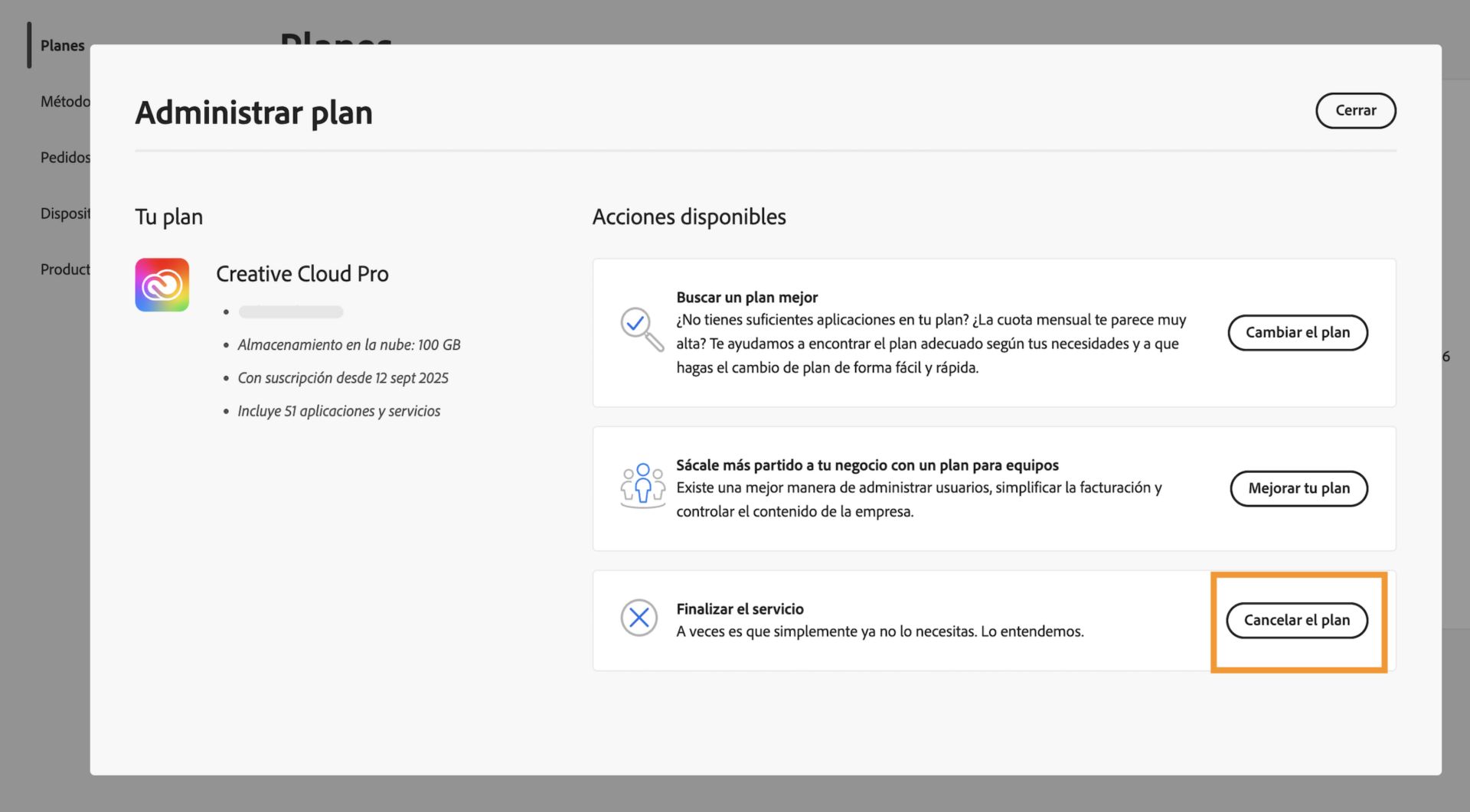 La ventana Administrar Plan, con el botón Cancelar su plan resaltado en la sección Finalizar su servicio bajo Acciones disponibles.