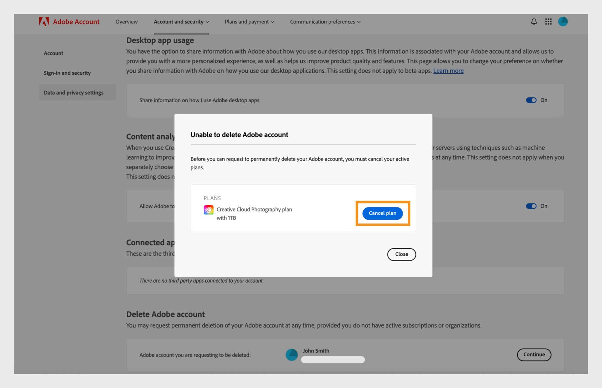 The Unable to delete Adobe account prompt displays your plans with the option to cancel the plan for deleting the account.