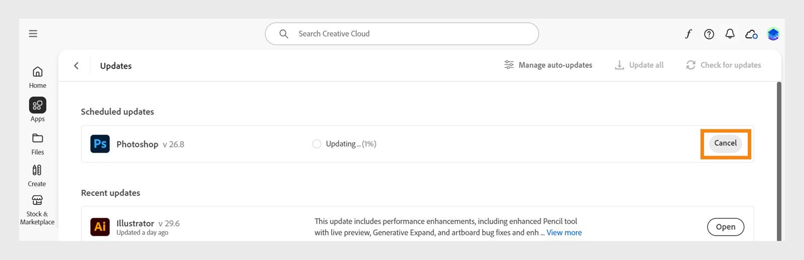 Вікно «Оновлення» програми Creative Cloud для ПК з командою скасування поточних оновлень і відкриття оновлених програм.