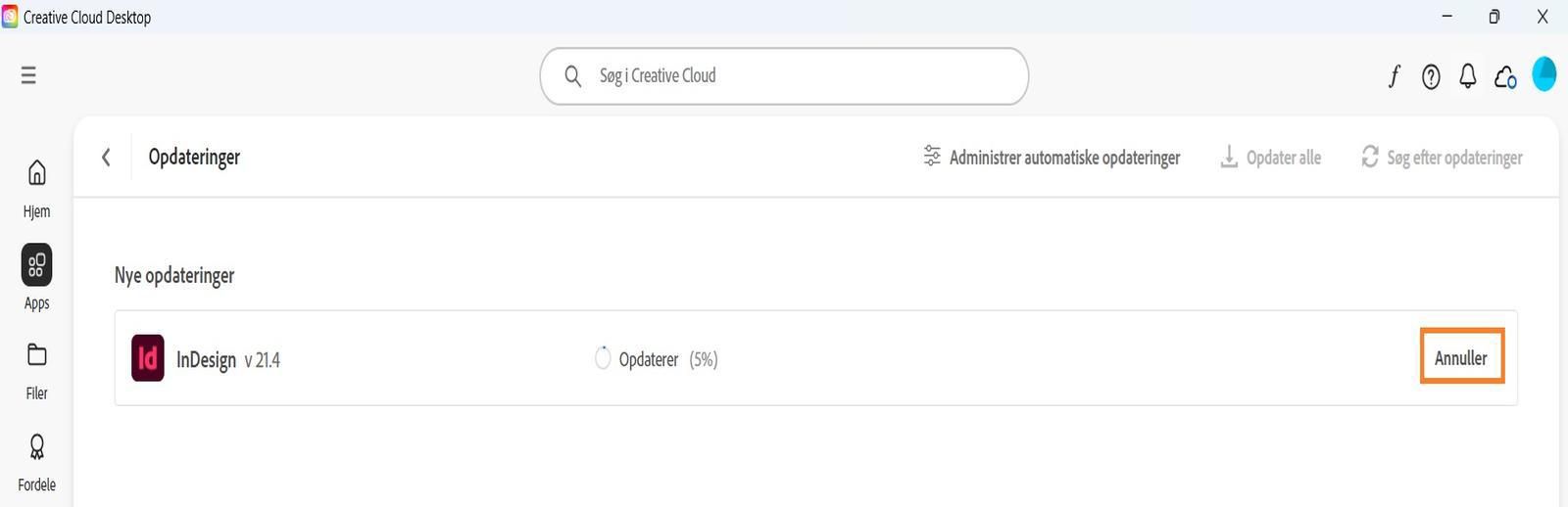 Vinduet Opdater i Creative Cloud-computerappen viser muligheden for at annullere en aktiv opdatering og åbne opdaterede apps.