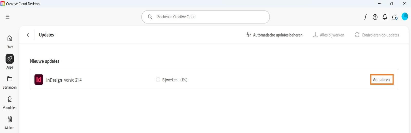 In het venster Update in de Creative Cloud desktop-app wordt de optie weergegeven om een actieve update te annuleren en bijgewerkte apps te openen.