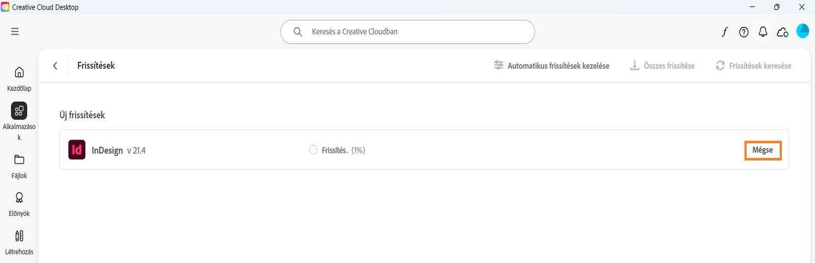 A Creative Cloud asztali alkalmazás Frissítés ablakában megjelenik az aktív frissítés megszakításának és a frissített alkalmazások megnyitásának lehetősége.