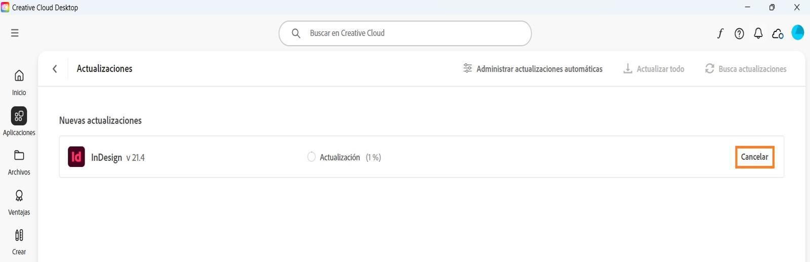 La ventana Actualizar de la aplicación de escritorio de Creative Cloud muestra la opción para cancelar una actualización activa y abrir aplicaciones actualizadas.