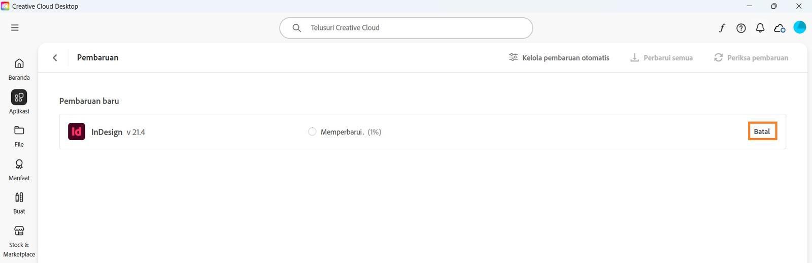 Jendela Pembaruan di aplikasi Creative Cloud Desktop menampilkan opsi untuk membatalkan pembaruan aktif dan membuka aplikasi yang diperbarui.