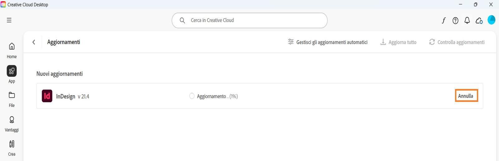 Nella finestra Aggiorna nell’app desktop Creative Cloud viene visualizzata l’opzione per annullare un aggiornamento attivo e aprire app aggiornate.