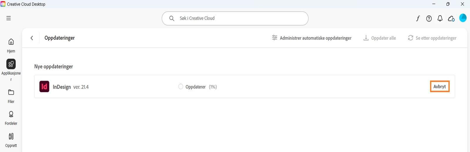 I Oppdatering-vinduet i Creative Cloud-applikasjonen for datamaskin vises alternativene for å avbryte en aktiv oppdatering og åpne oppdaterte applikasjoner.