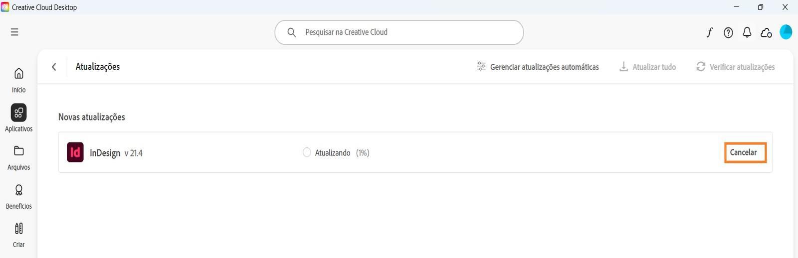 A janela Atualizar no aplicativo de desktop da Creative Cloud exibe a opção de cancelar uma atualização ativa e abrir aplicativos atualizados.