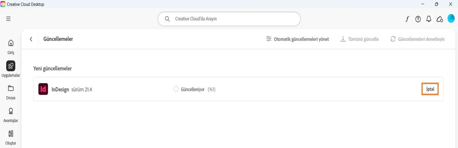 Creative Cloud masaüstü uygulamasındaki Güncelleme penceresinde, etkin bir güncellemeyi iptal etme ve güncellenen uygulamaları açma seçeneği görüntülenir.