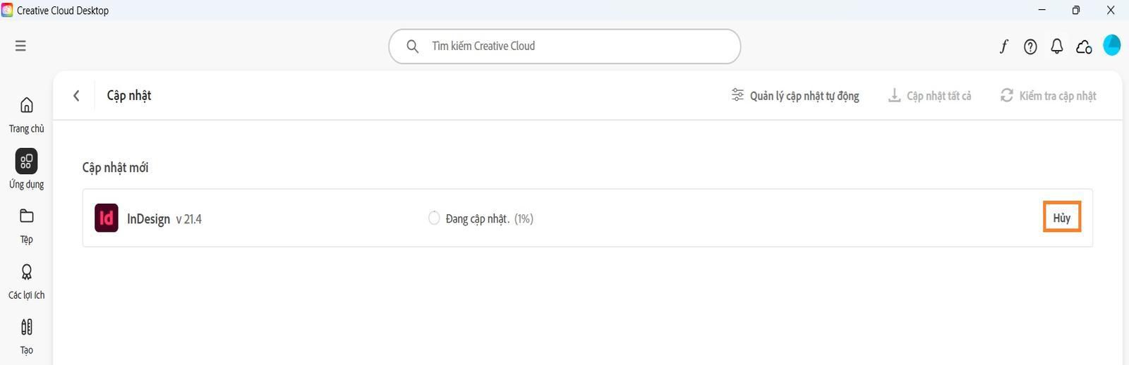 Cửa sổ Cập nhật trên ứng dụng Creative Cloud cho máy tính để bàn sẽ hiển thị tùy chọn để hủy một quá trình cập nhật đang diễn ra và mở các ứng dụng đã được cập nhật.