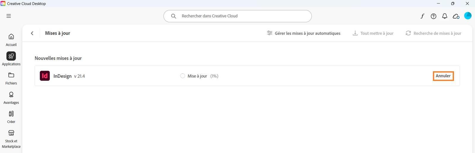 La fenêtre de mise à jour de l’application de bureau Creative Cloud affiche l’option pour annuler une mise à jour active et ouvrir des applications mises à jour.
