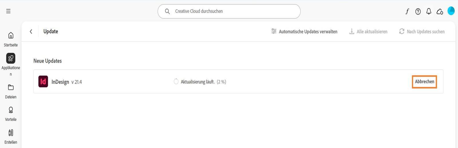 Im Fenster „Aktualisieren“ im Creative Cloud-Client wird die Option angezeigt, ein aktives Update abzubrechen und aktualisierte Applikationen zu öffnen.