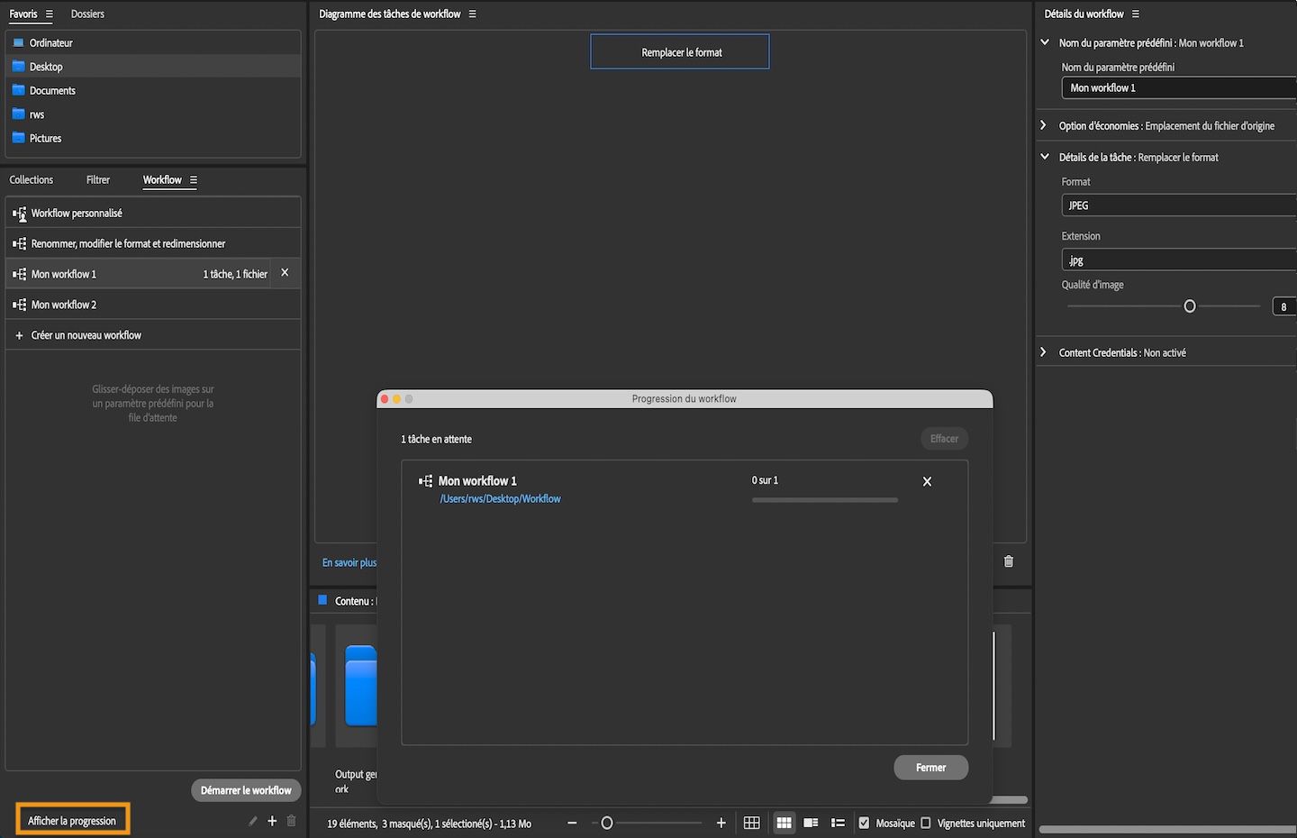 Le panneau Workflow affiche l’option Afficher la progression mise en surbrillance, qui permet de vérifier le statut des traitements en attente.