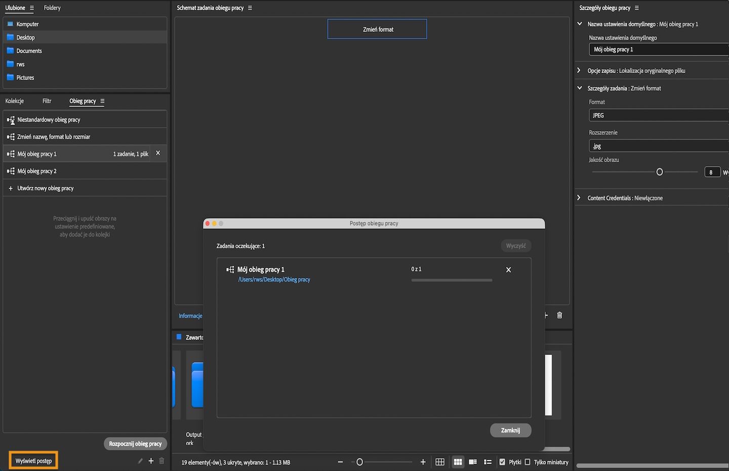 Panel Workflow pokazuje podświetloną opcję View progress, która służy do sprawdzania stanu oczekujących zadań.