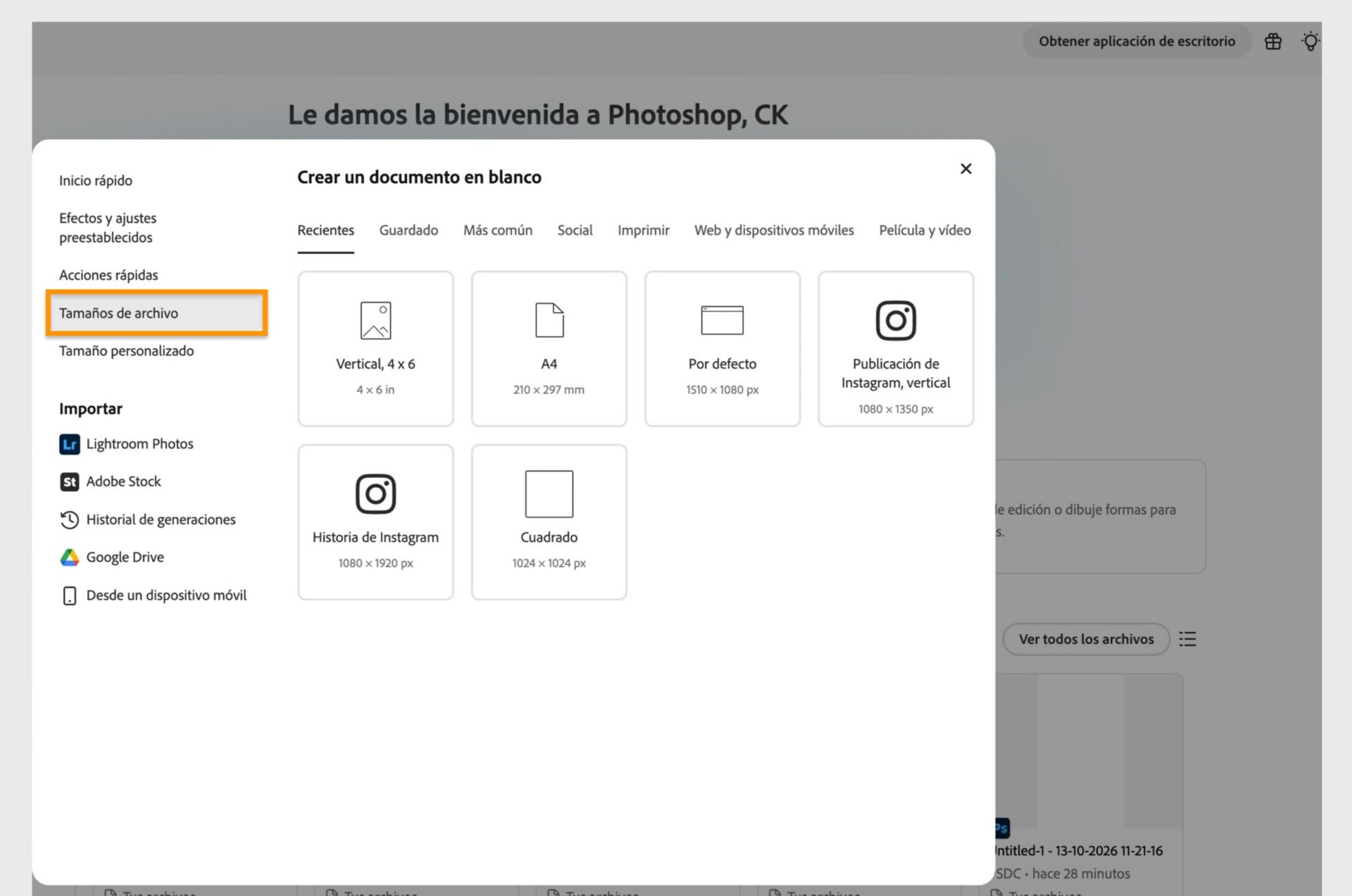 El cuadro de diálogo Crear un documento en blanco muestra la opción Tamaños de documento resaltada, que se puede usar para elegir un tamaño de lienzo de las diferentes categorías disponibles.