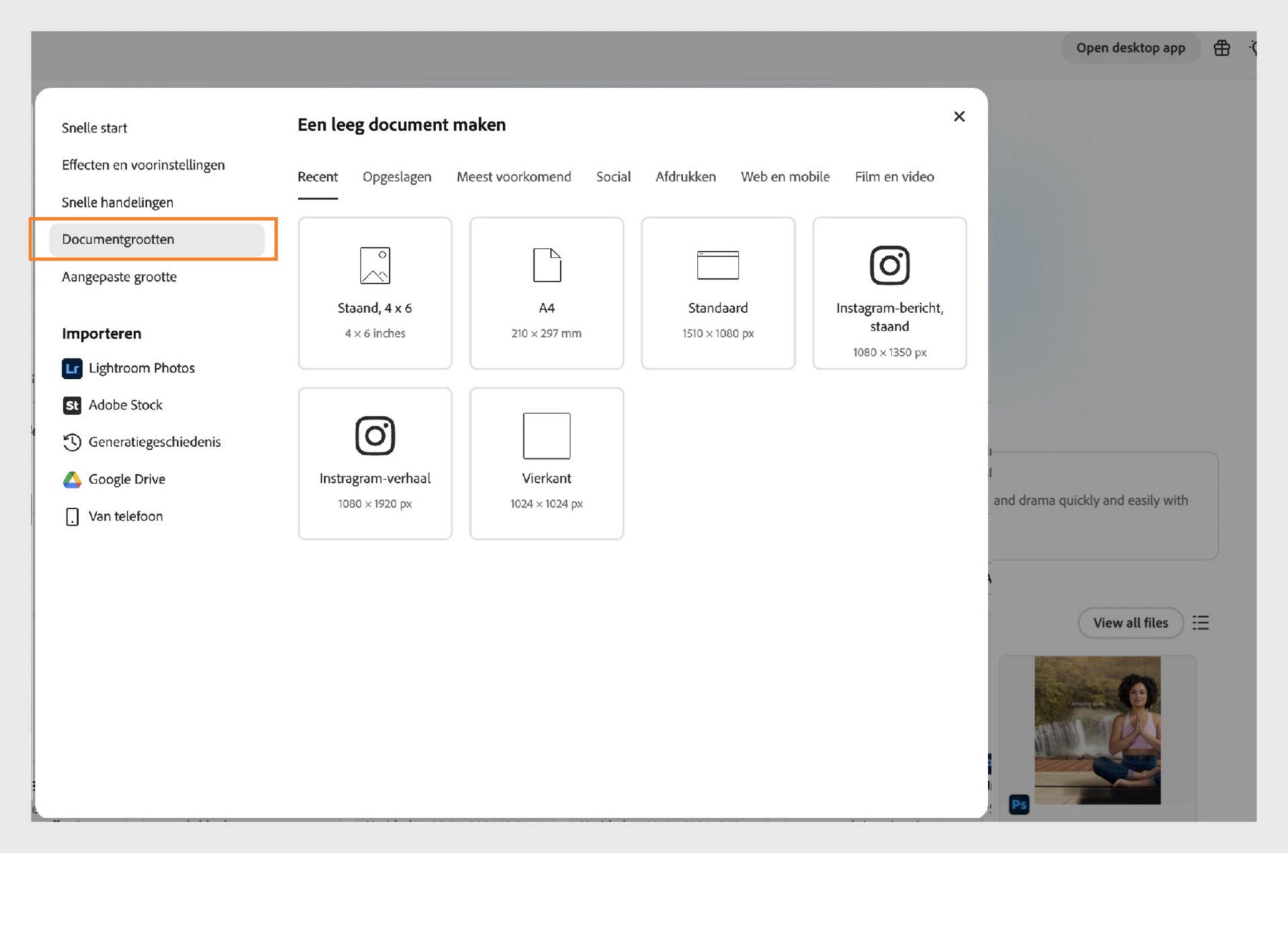 Het dialoogvenster Leeg document maken toont de gemarkeerde optie Documentformaten, waarmee je een canvasgrootte kunt kiezen uit de verschillende beschikbare categorieën.