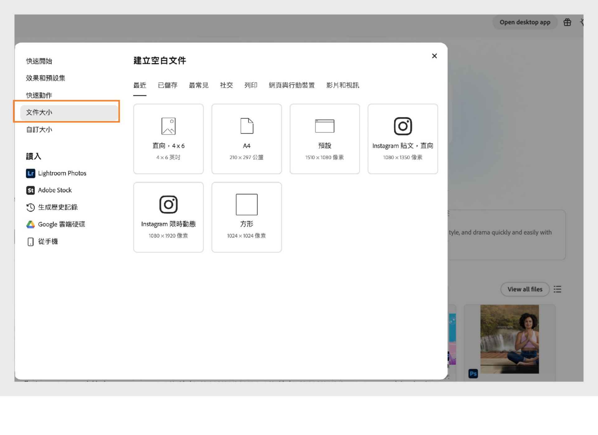 建立空白文件對話框顯示已標示的「文件大小」選項，可用來從不同的可用類別中選擇畫布大小。