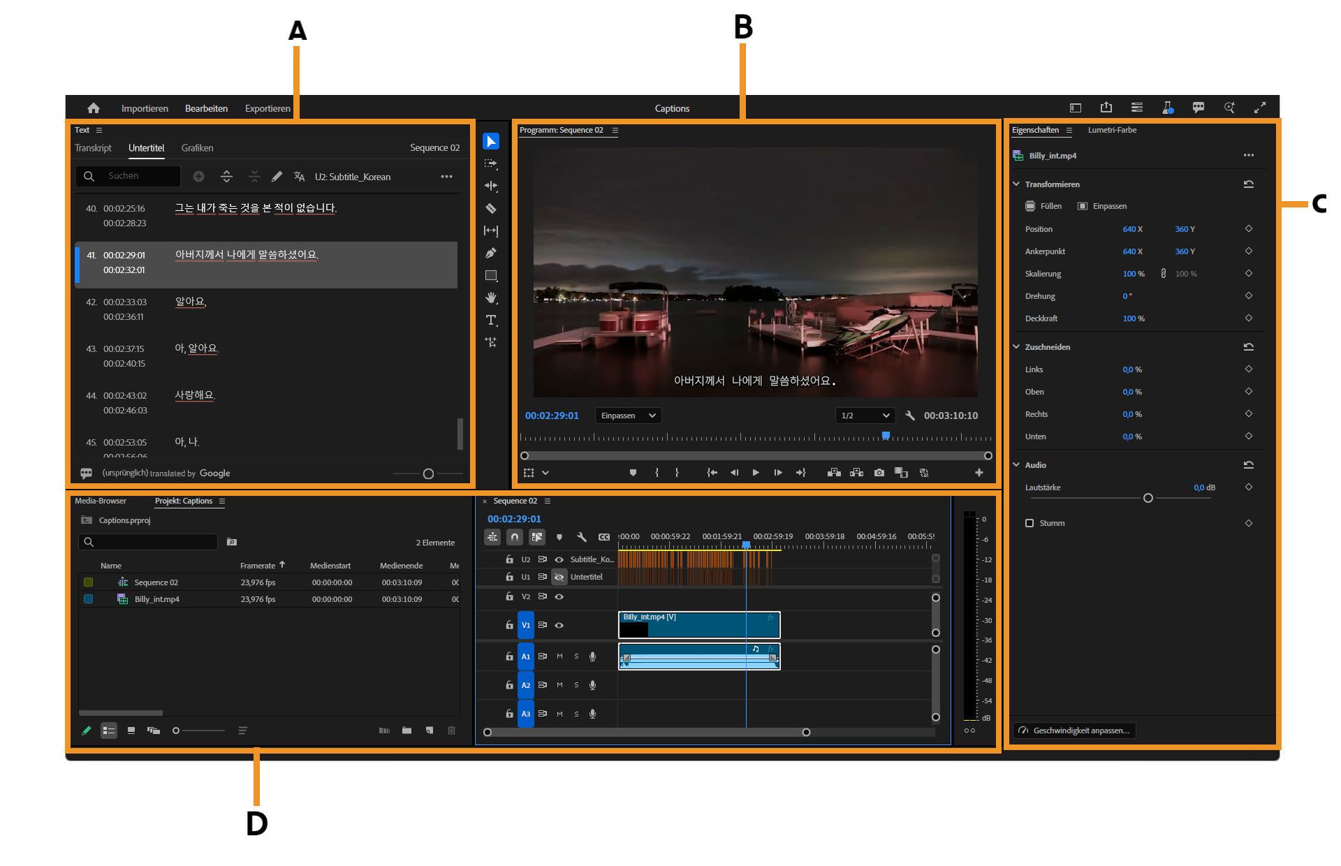 Elemente des Arbeitsbereichs „Untertitel“