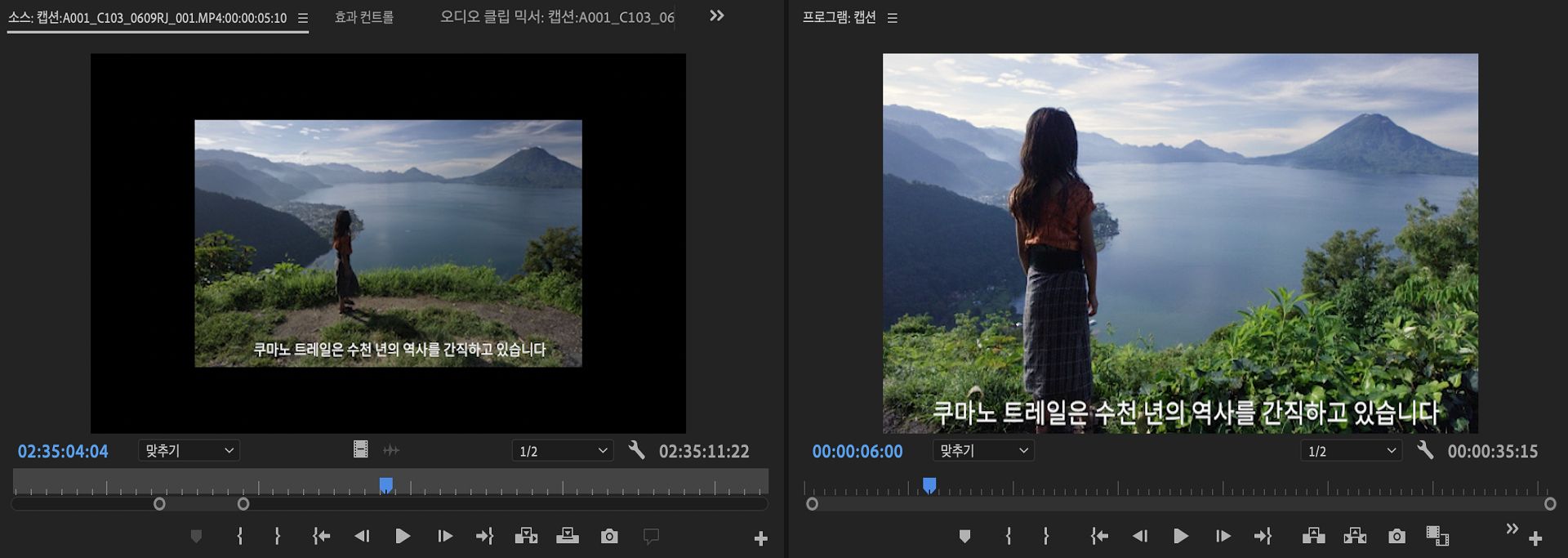 소스 모니터 및 프로그램 모니터에 닫힌 캡션 표시