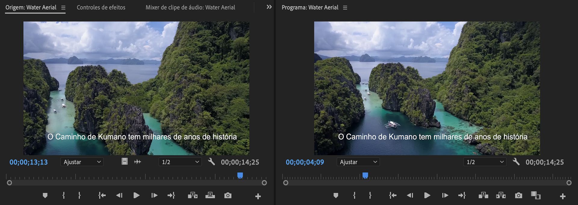 Exibição de legendas no Monitor de origem e no Monitor de programas