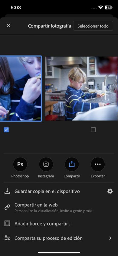Las fotos se muestran en una única vista de un álbum. El botón Seleccionar todo le permite seleccionar todas las fotografías de un álbum.