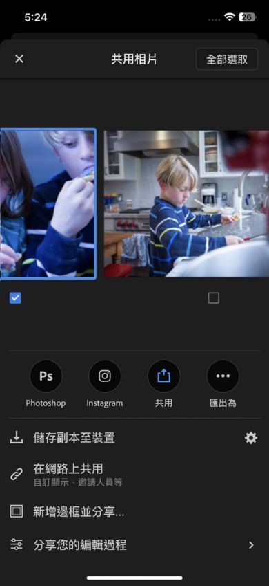 隨即會顯示相簿單一檢視中的相片。 「全部選取」按鈕可選取相簿的所有相片。