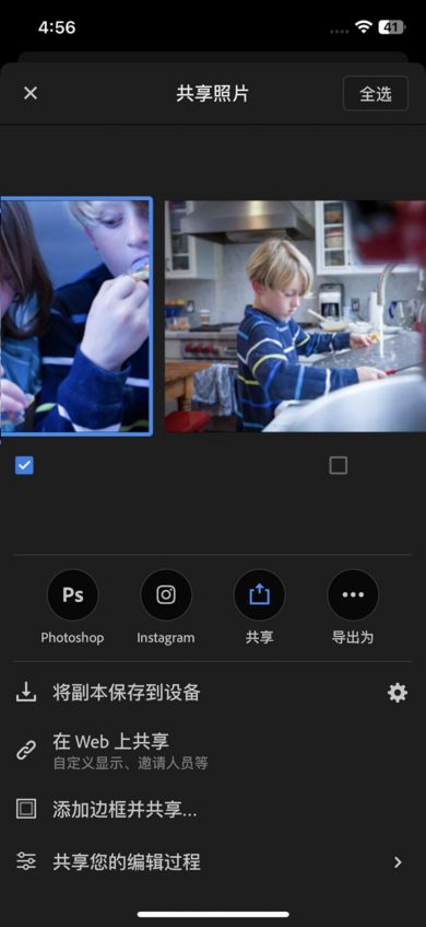 相册中的照片将以单视图形式显示。 选择“全部”按钮，可选择相册中的所有照片。