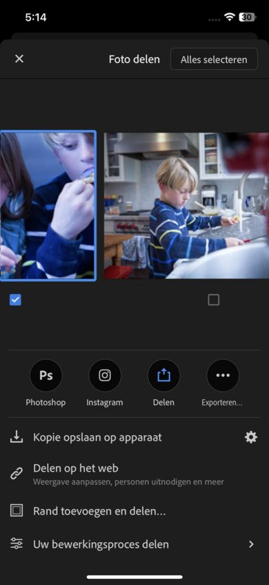 Foto's worden weergegeven in één weergave van een album. De knop Alles selecteren om alle foto's in een album te selecteren.