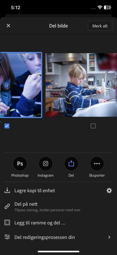 Bilder i en enkelt visning av et album vises. Trykk på Alle-knappen for å velge alle bildene i et album.