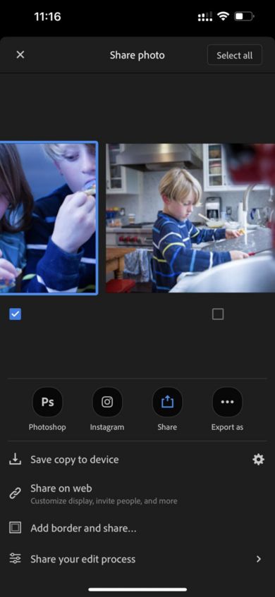 Photos in a single view of an album is displayed. Select All button to select all the photos of an album.