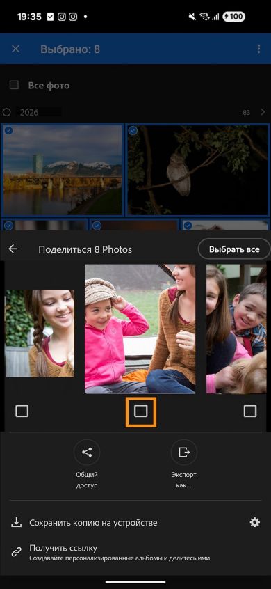 Выделен значок флажка там, где изображения показываются в представлении карусели на экране общего доступа.