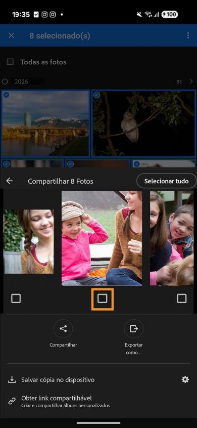 O ícone de caixa de seleção está destacado onde as imagens são exibidas na visualização em carrossel na tela de compartilhamento.